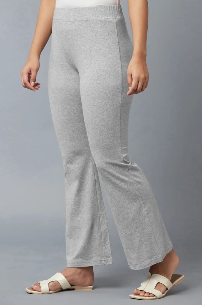 Grey Solid Flared Cotton Pants With Slip On Closure — photo 6