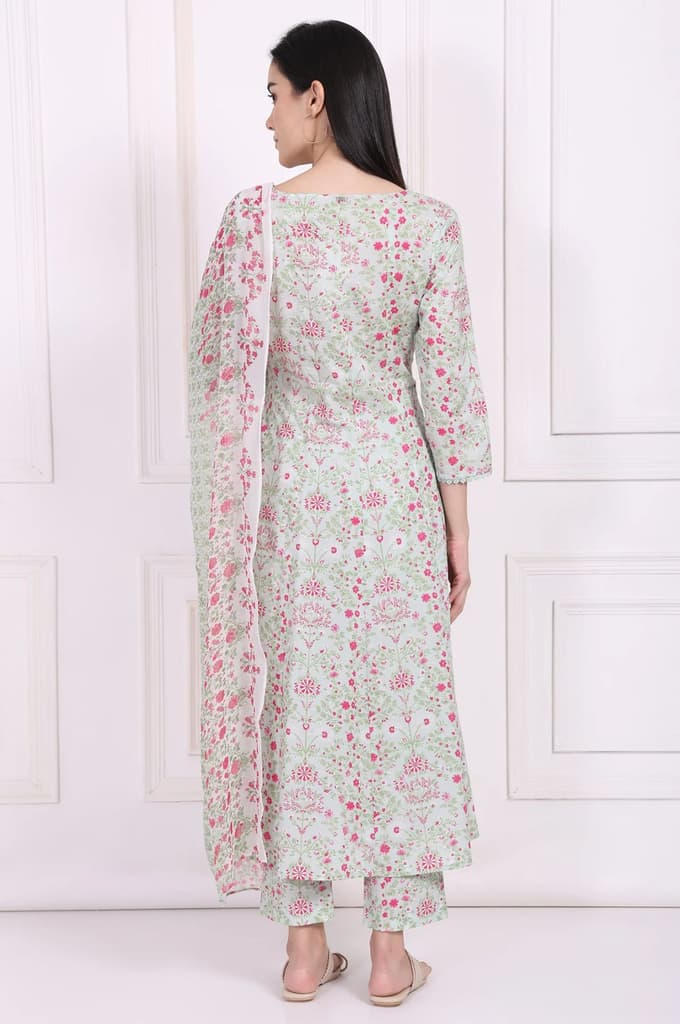 Light Green Floral Printed Lace Trim Anarkali Cotton Kurta with Straight Pant and Dupatta Set — photo 5