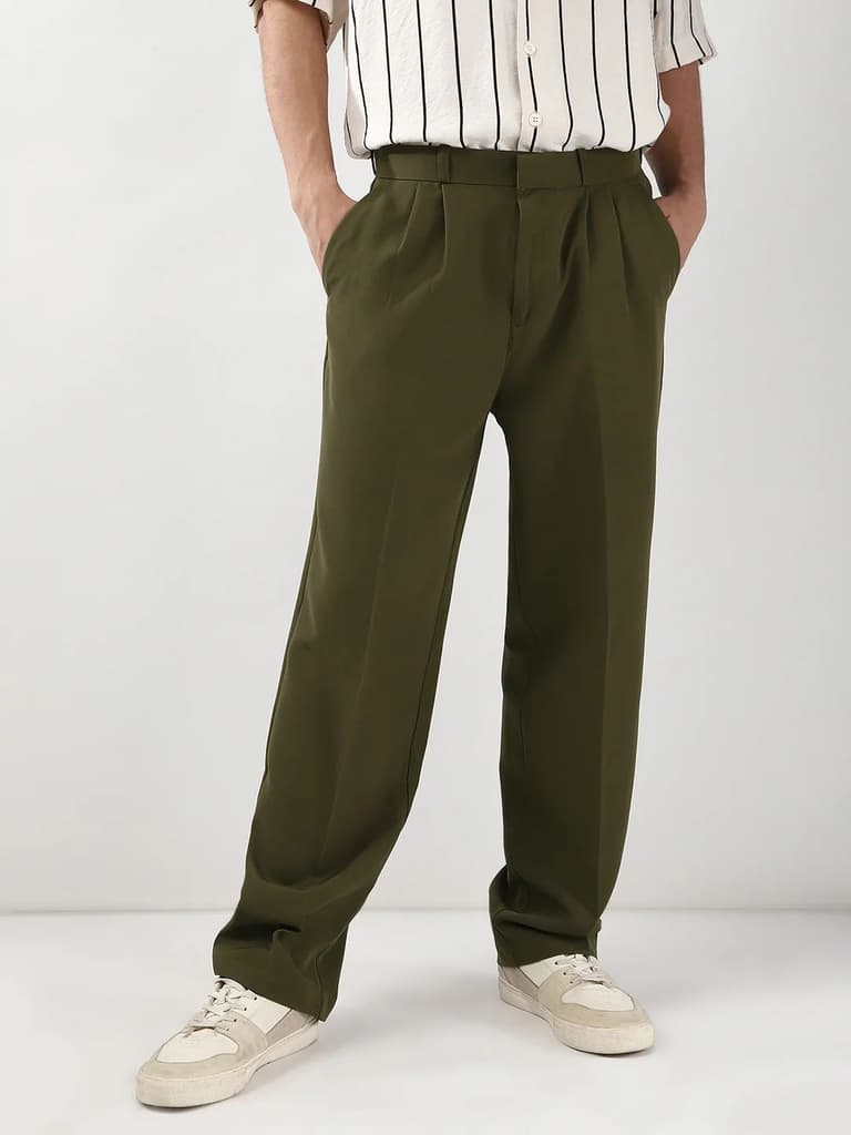 Men's Dark Olive Loose Baggy Fit Solid Korean Trousers Stretchable — photo 6