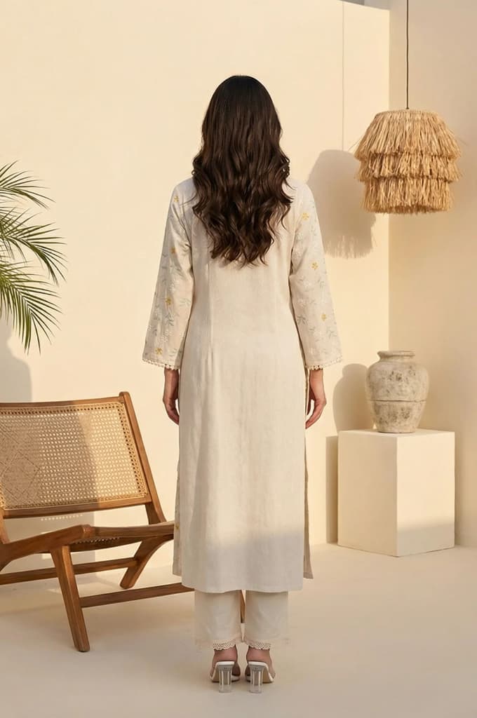 Off White Floral Printed Lace Rayon Straight Kurta — photo 3