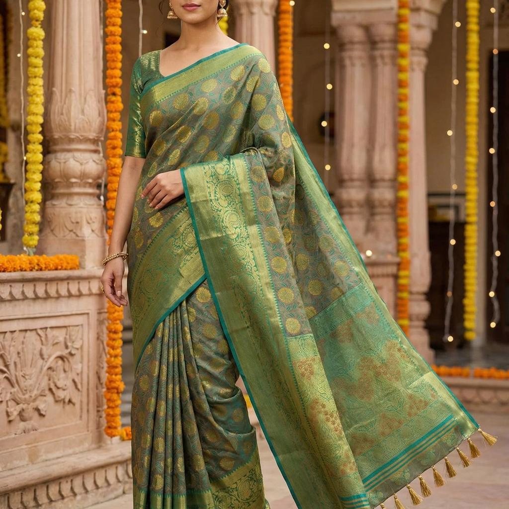 MIMOSA Women's Woven Design Kanjivaram Style Art Silk Saree with Blouse Piece - Rama ( SA00003146RMFREE )