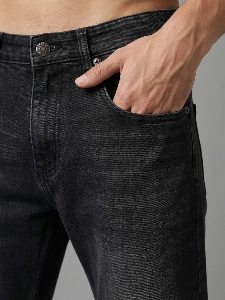 Men's Black Relaxed Fit Washed Denim Jeans Non-Stretchable — photo 5