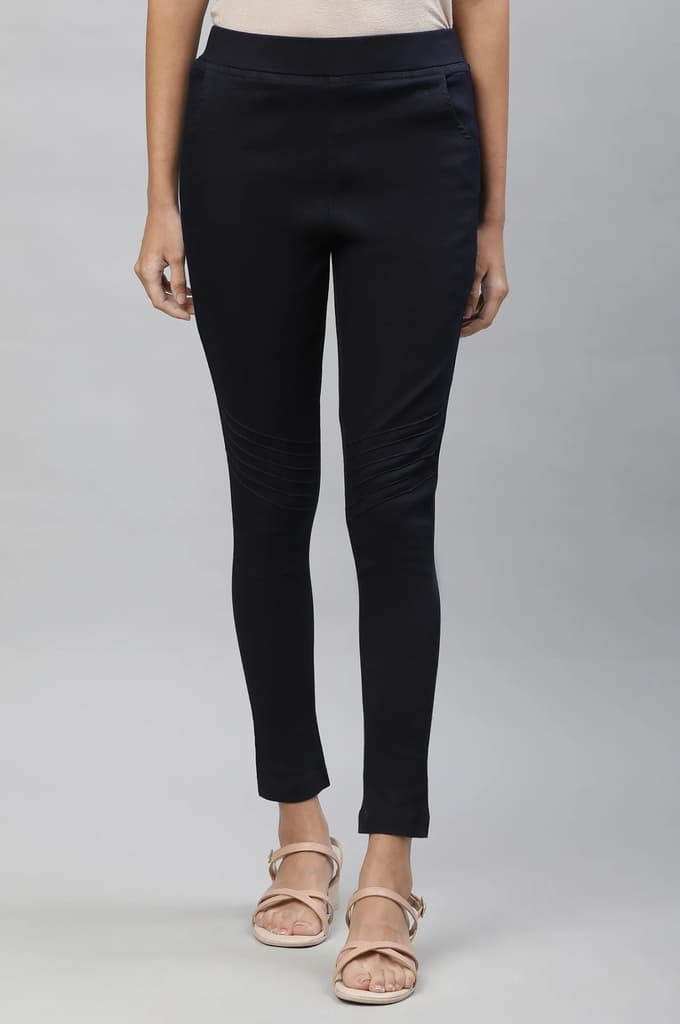 Navy Blue Solid Slim Fit Denim Jeggings With Pintuck Detail