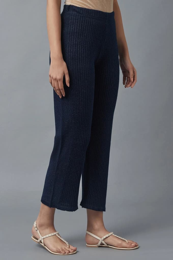 Navy Blue Solid Boot Cut Acrylic Palazzo With Elasticated Waist — photo 4