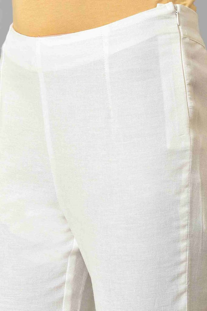 White Solid Cotton Flax Slim Pant with Embellished Hemline — photo 7