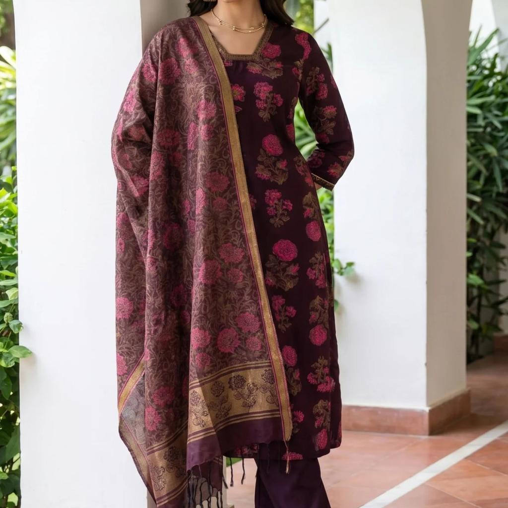 Maroon Lace Trim A-Line Jacquard Kurta with Straight Pant and Dupatta Set