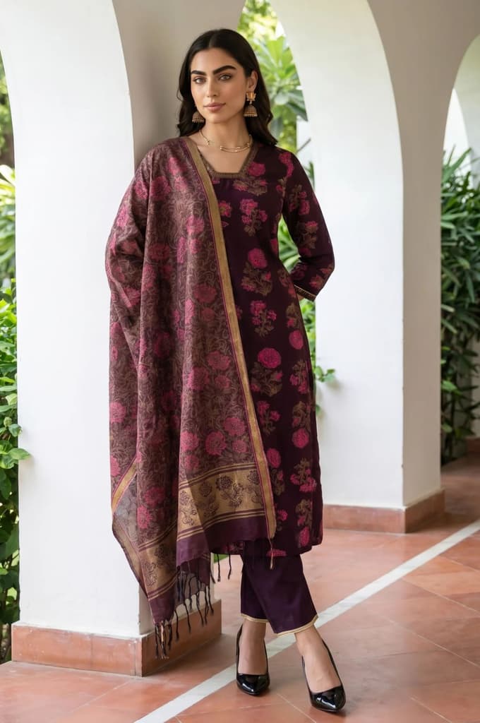 Maroon Lace Trim A-Line Jacquard Kurta with Straight Pant and Dupatta Set — XS