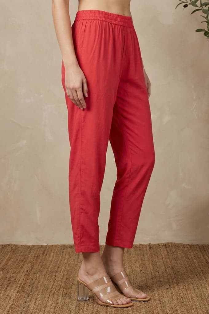 Red Solid Rayon Straight Fit Ankle Length Mid Rise Pants — photo 4