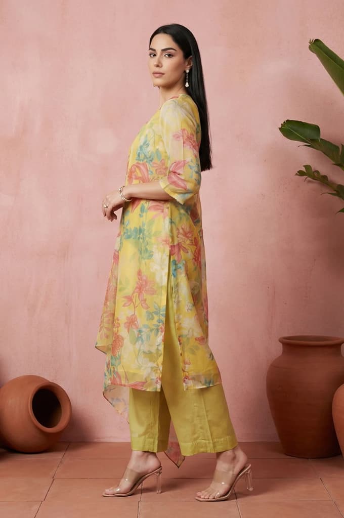 Yellow Floral Printed Organza Straight Kurta with Pants and Dupatta Set — photo 3