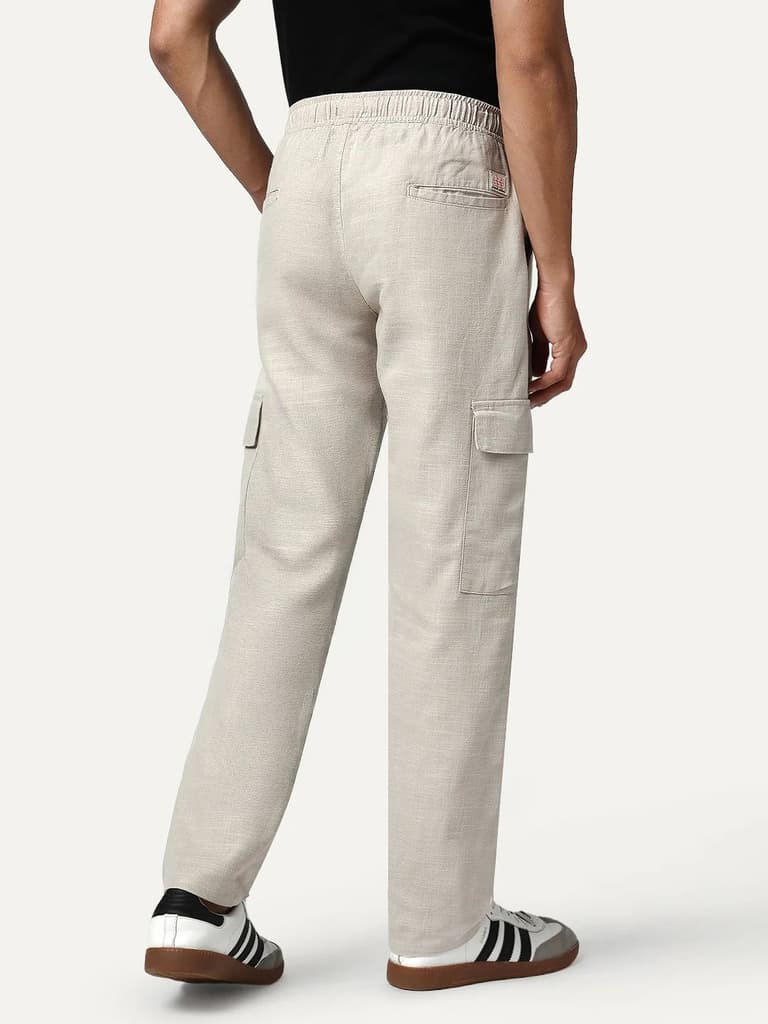 Men's Beige Straight Fit Linen Cargo Pants with 6 Pockets — photo 3
