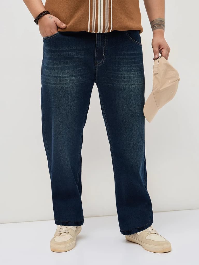 Plus Men's Blue Regular Fit Whisker Washed Yellow Tint Denim Jeans Stretchable — 36 / Blue