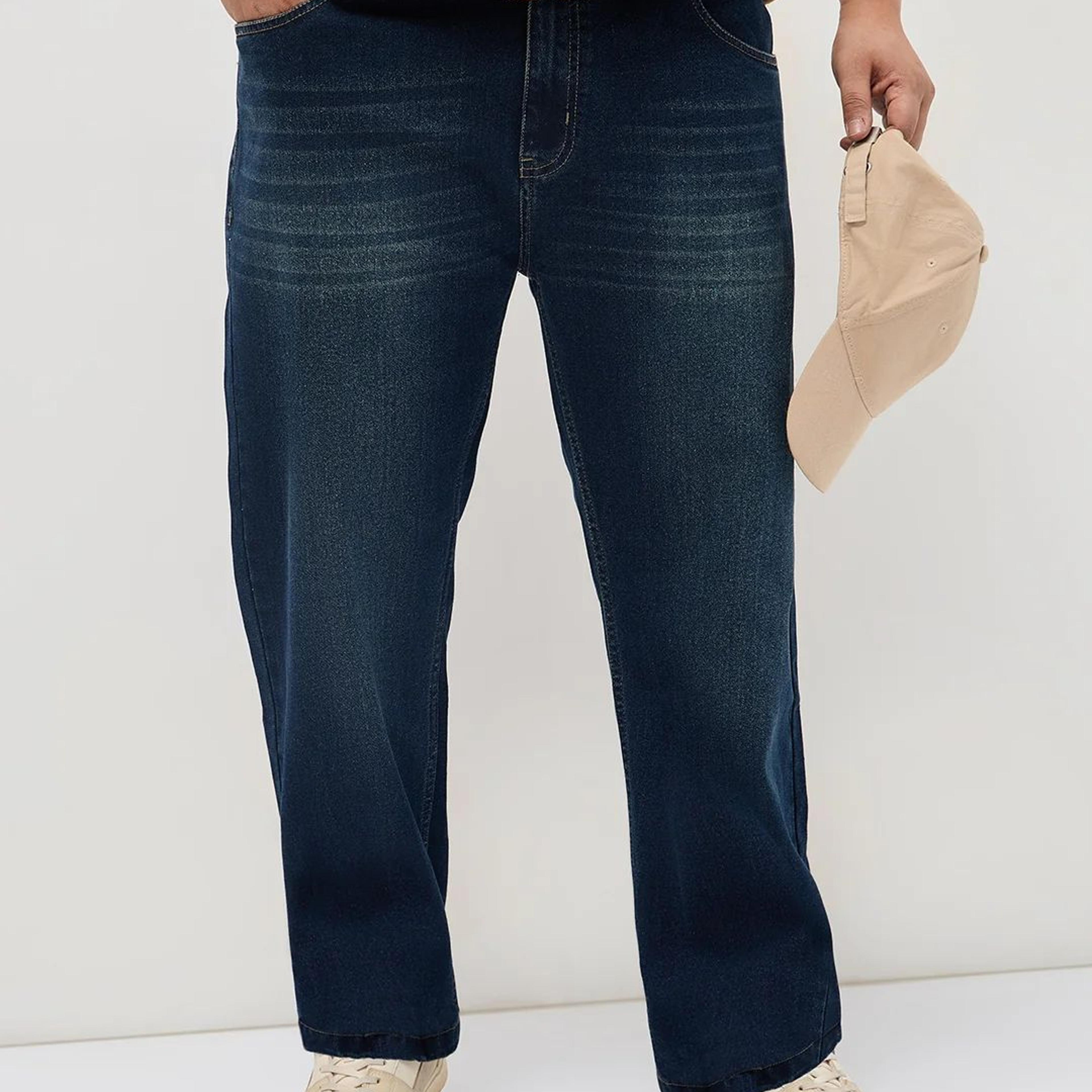 Plus Men's Blue Regular Fit Whisker Washed Yellow Tint Denim Jeans Stretchable