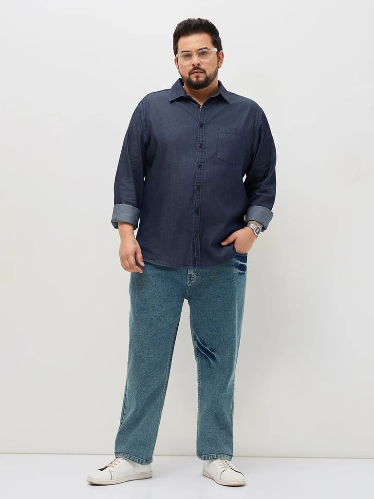 Plus Men's Dark Blue Regular Fit Full Sleeve Solid Denim Shirt — photo 5