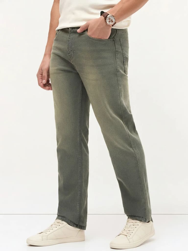Men's Grey Regular Fit Whisker Wash Yellow Tint Denim Jeans Stretchable — photo 3