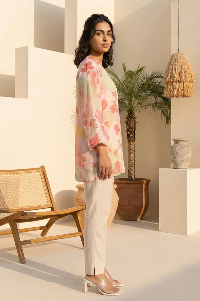 Pink Floral Printed Lace Silver Chiffon Straight Top — photo 6