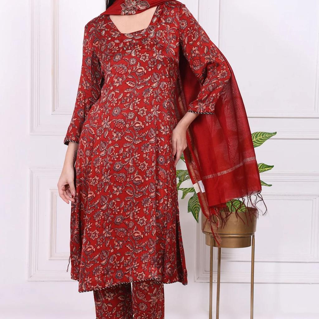 Red Floral Printed Modal Satin Straight Kurta, Pants and Dupatta Set