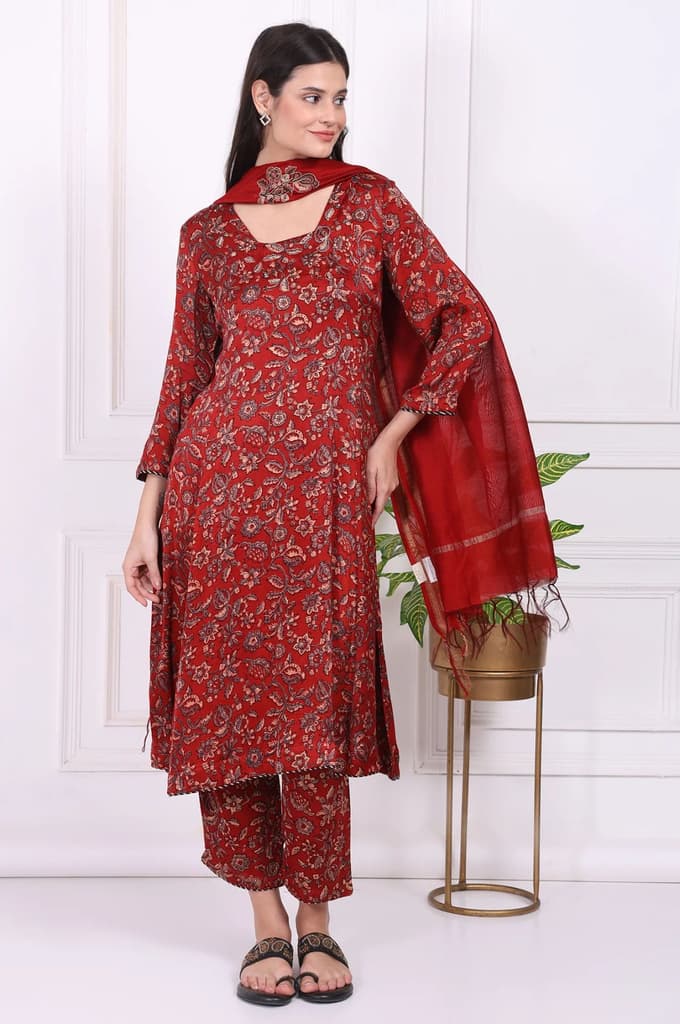 Red Floral Printed Modal Satin Straight Kurta, Pants and Dupatta Set