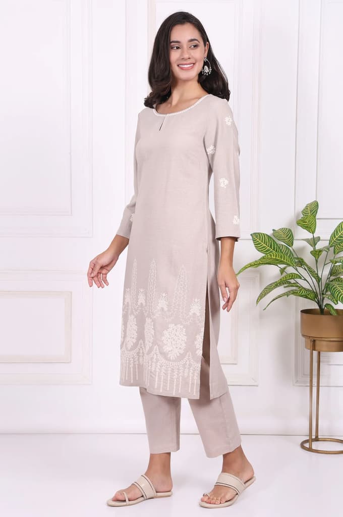Beige Embroidered Rayon Straight Kurta and Straight Pants Co-ord Set — photo 4