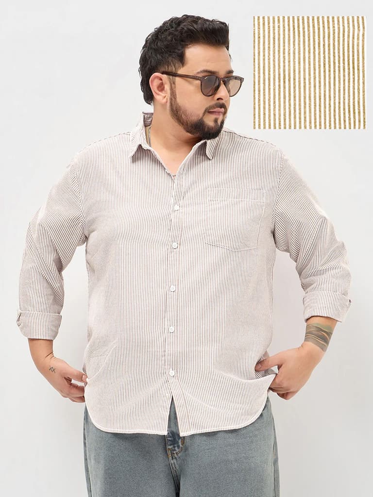 Plus Men's Rust Cotton Full Sleeve Regular Fit Casual Striped Shirt — 2XL / Rust