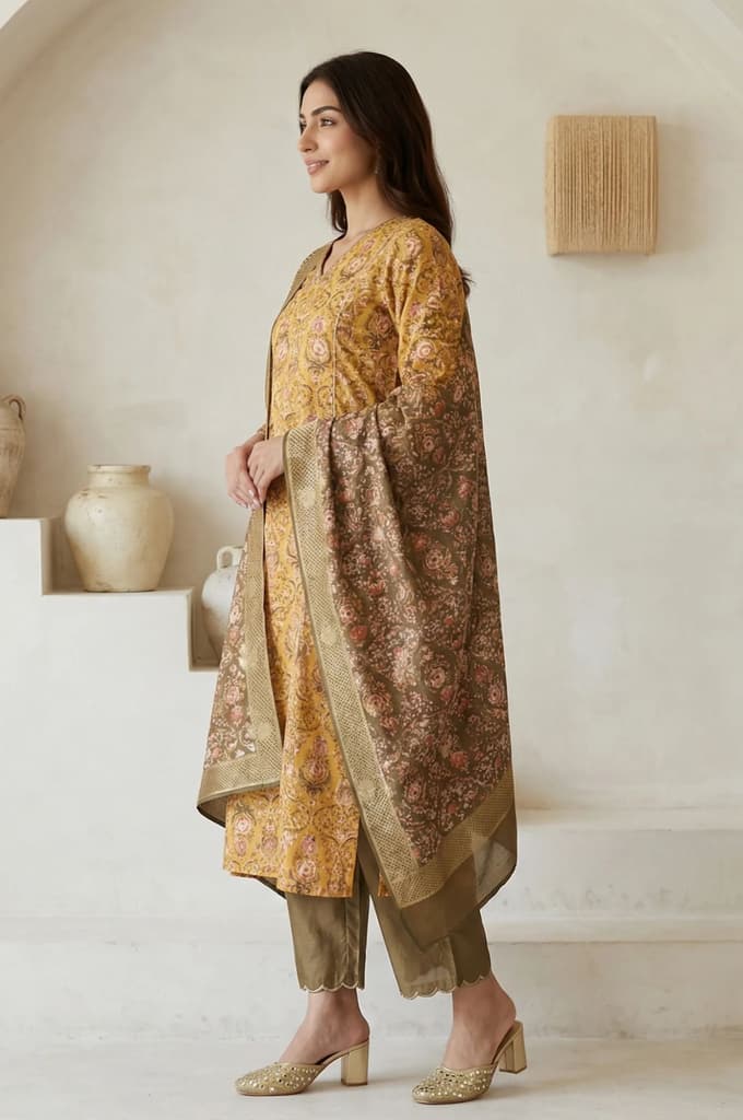 Yellow Floral Printed Zari Work Shantung Straight Kurta with Pants and Dupatta Set — photo 3
