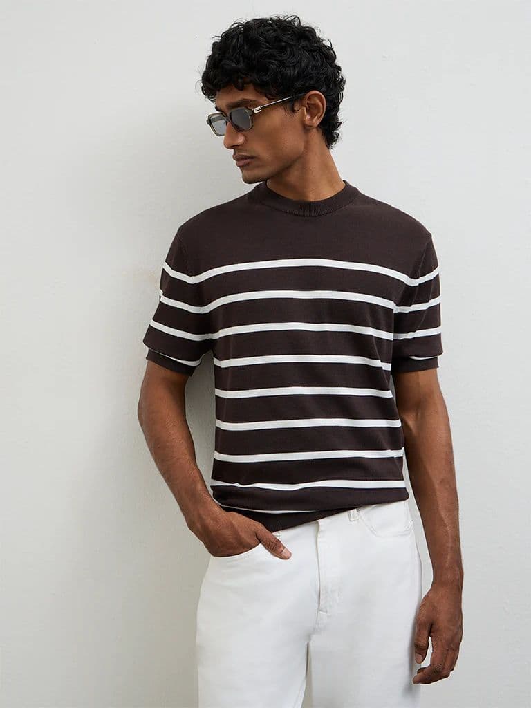 Ascot Dark Brown Striped Relaxed-Fit Cotton T-Shirt — photo 3