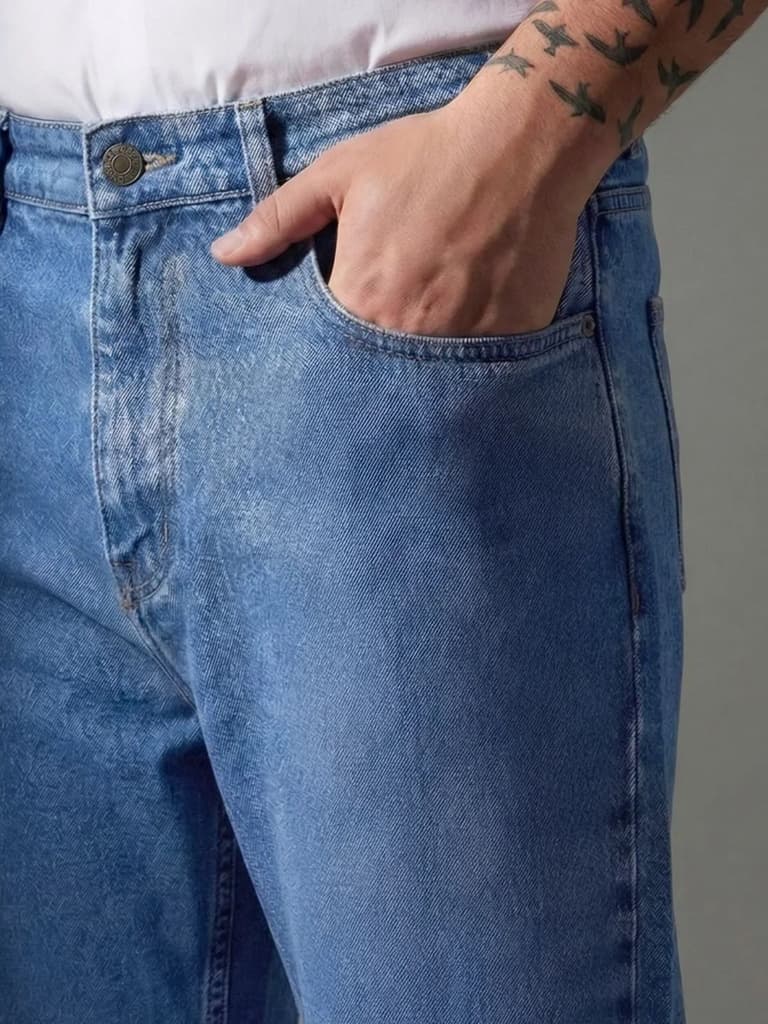 Plus Men's Ice Blue Relaxed Fit Washed Denim Jeans Non-Stretchable — photo 5