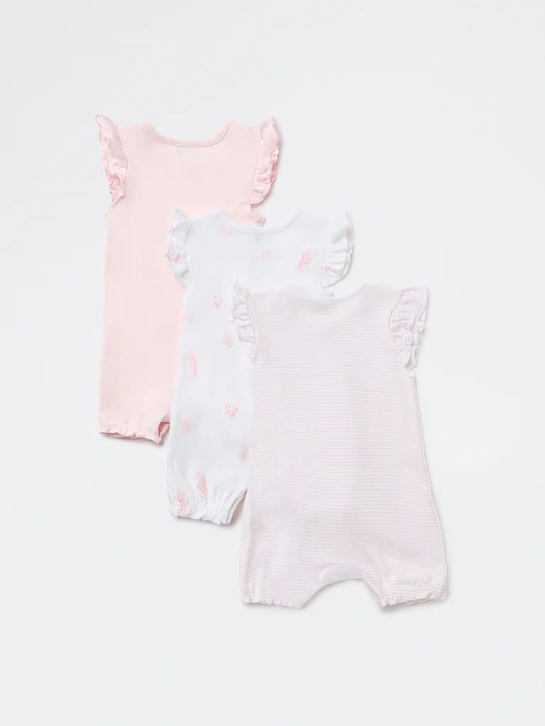 HOP Baby Girls Pink Printed Cotton Rompers - Pack of 3 — photo 2