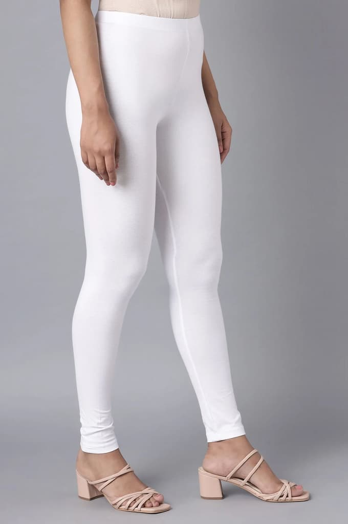 Elleven Women's White Solid Cotton Lycra Skinny Fit Ankle Length High Rise Leggings — photo 4