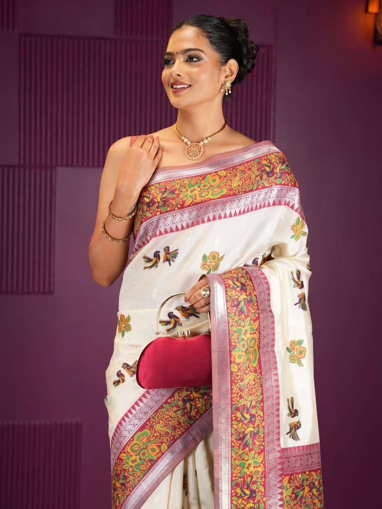 Mimosa Women's Woven Design Banarasi Style Art Silk Saree With Blouse Piece : SA00001992HWFREE — Halfwhite