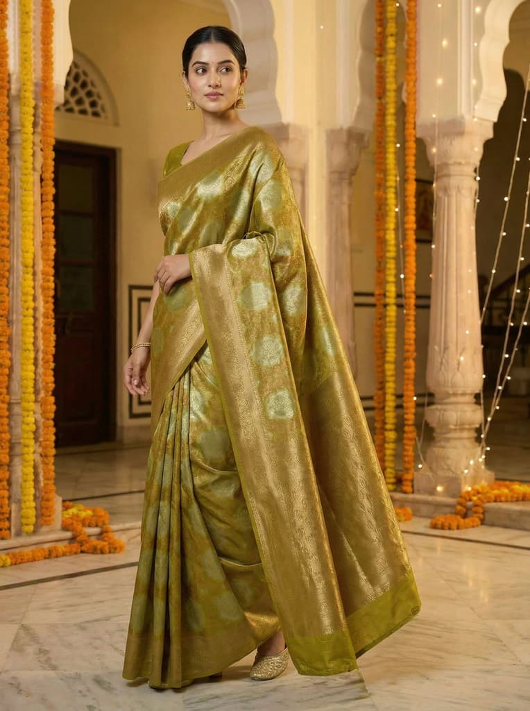 MIMOSA Women's Woven Design Kanjivaram Style Art Silk Saree with Blouse Piece - Olive ( SA00002246OLFREE ) — photo 3