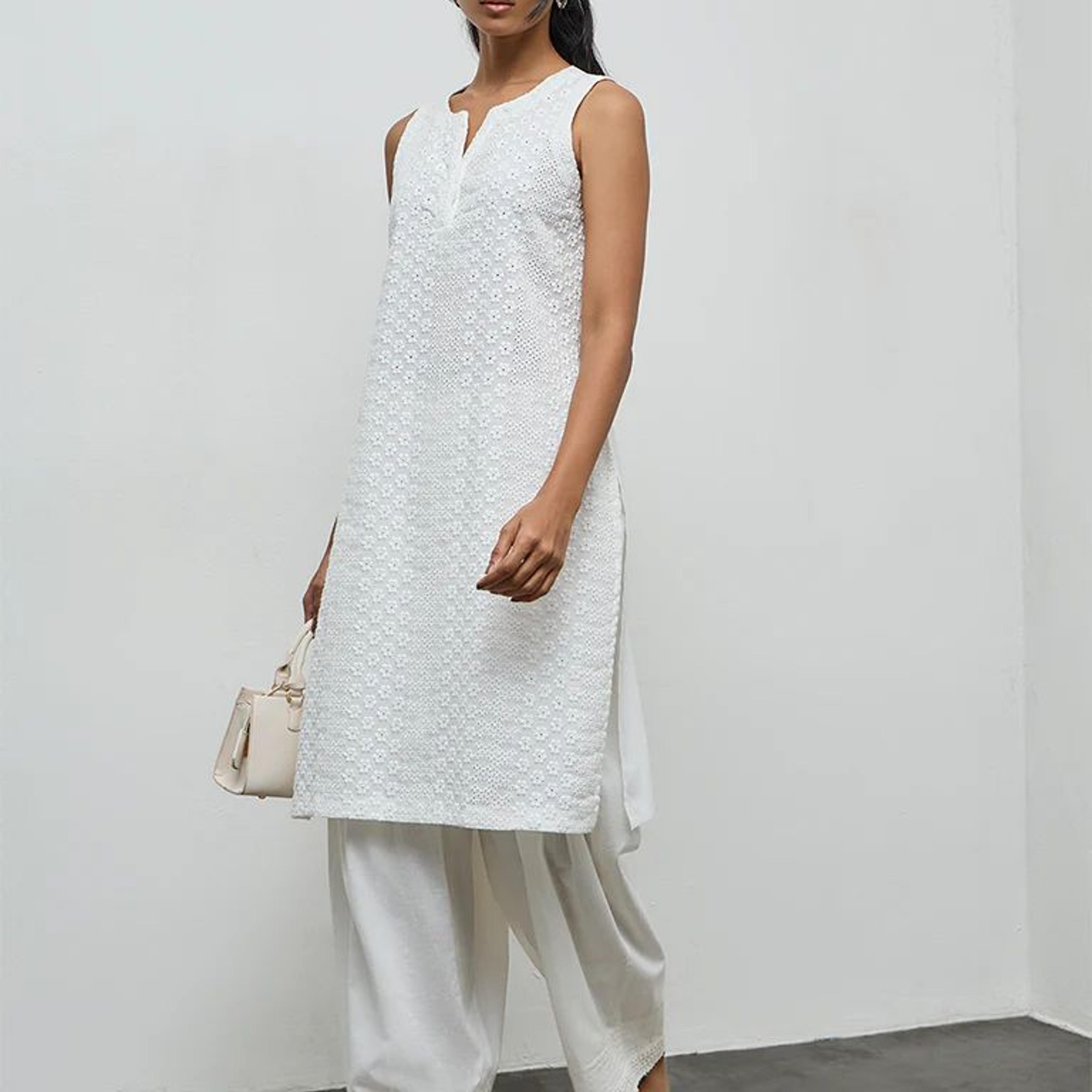 Utsa White Floral Embroidered Cotton Straight Kurta