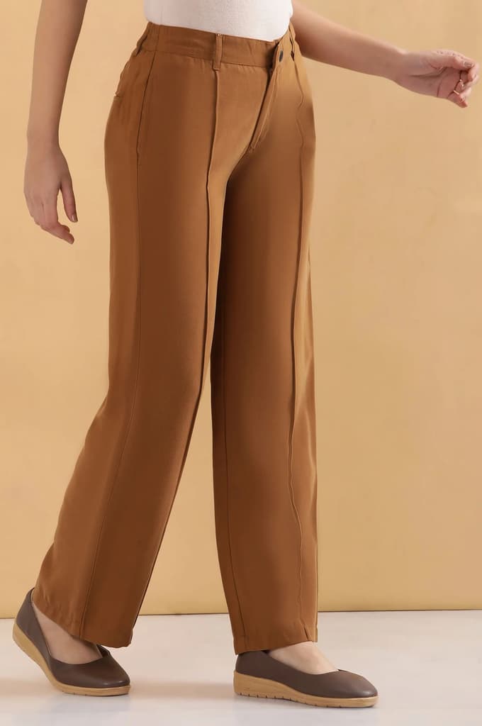 Brown Solid Straight Fit Rayon Pants With Pintuck Detail — photo 5
