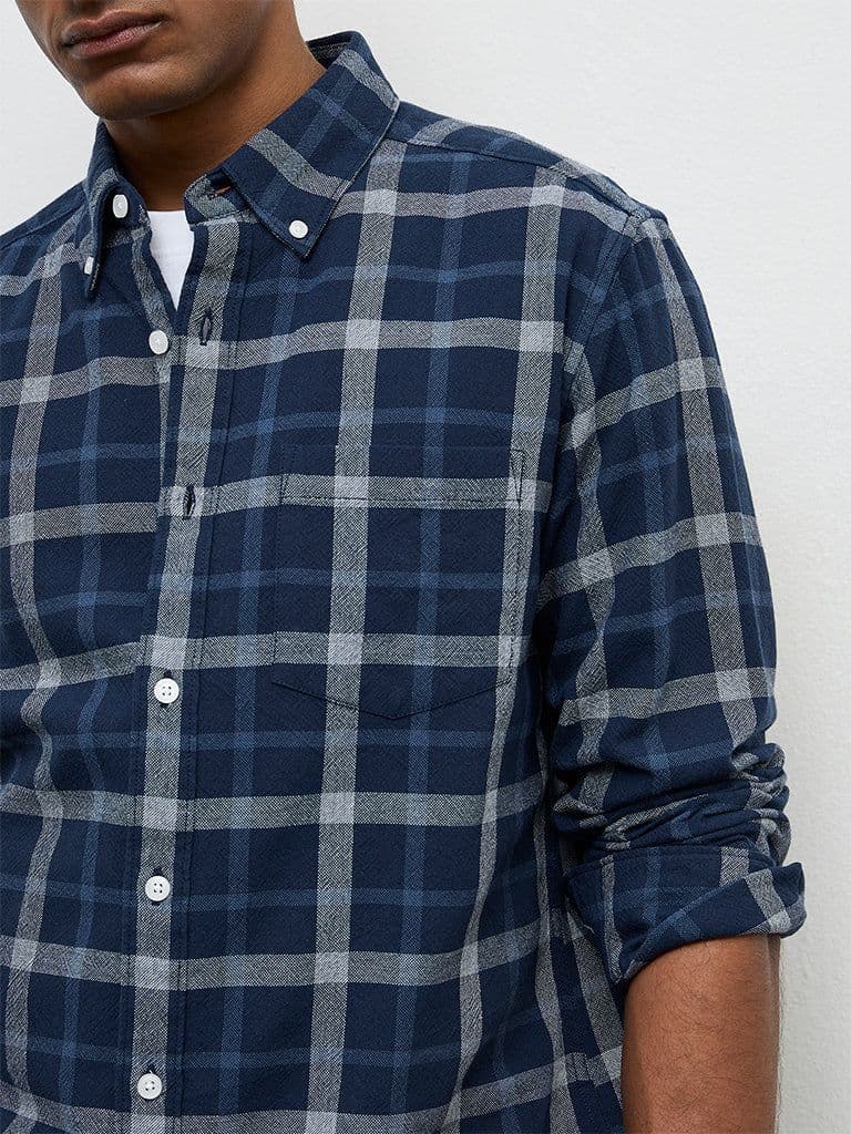 WES Casuals Navy Checkered Relaxed-Fit Cotton Shirt — photo 3