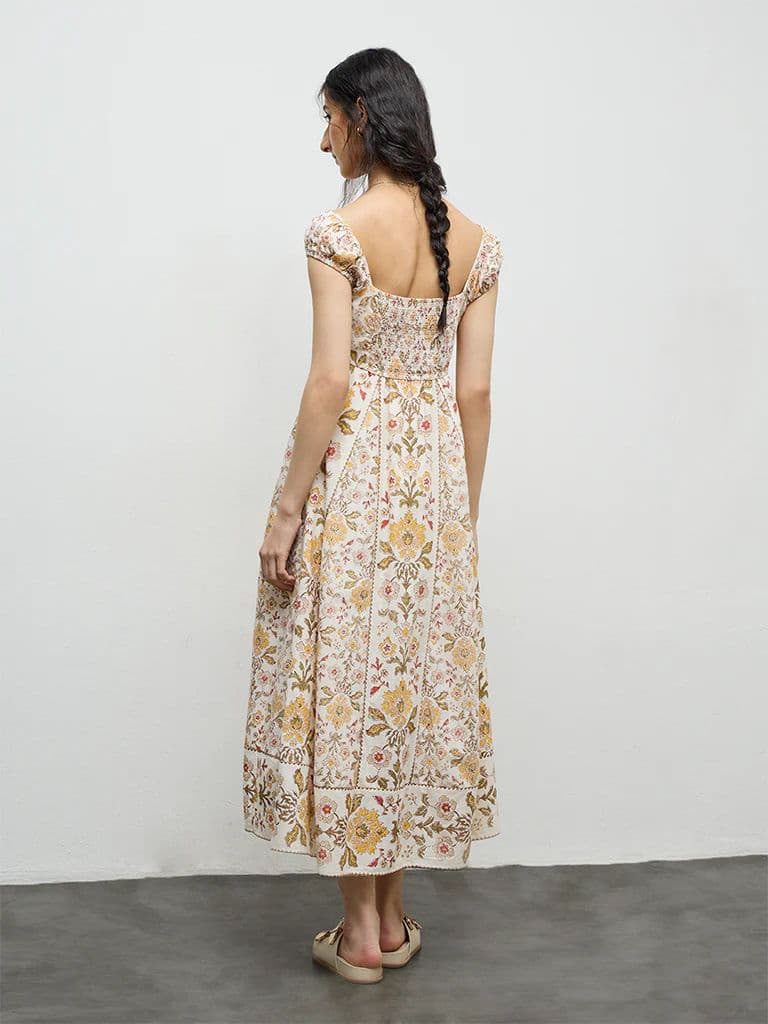 Bombay Paisley Beige Floral Printed Cotton A-Line Dress — photo 4