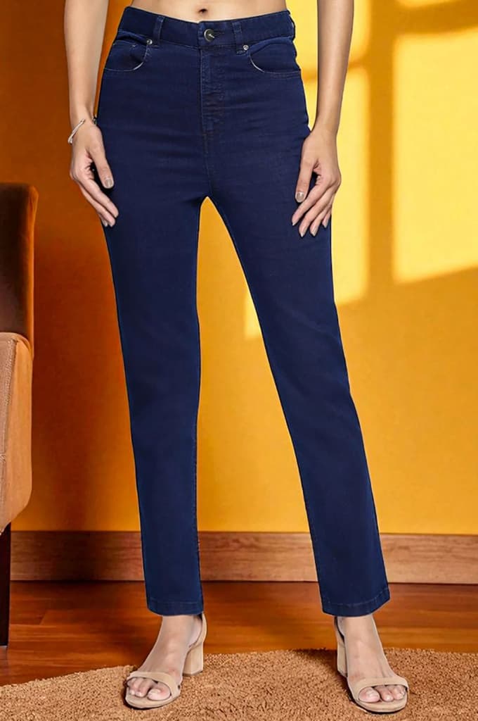 Blue Cotton Lycra Ankle Length Denim Straight Pants with YKK Zipper — photo 2