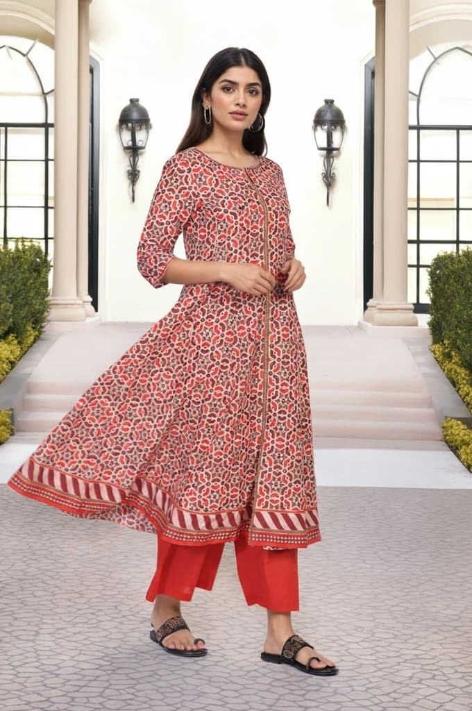 Red Geometric Embroidered Anarkali Cotton Kurta — photo 4