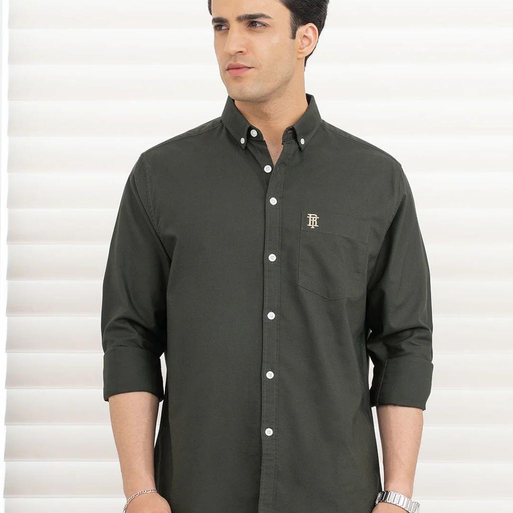 Shirts for Men in Dark Olive | Cotton Oxford Full Sleeve Shirt