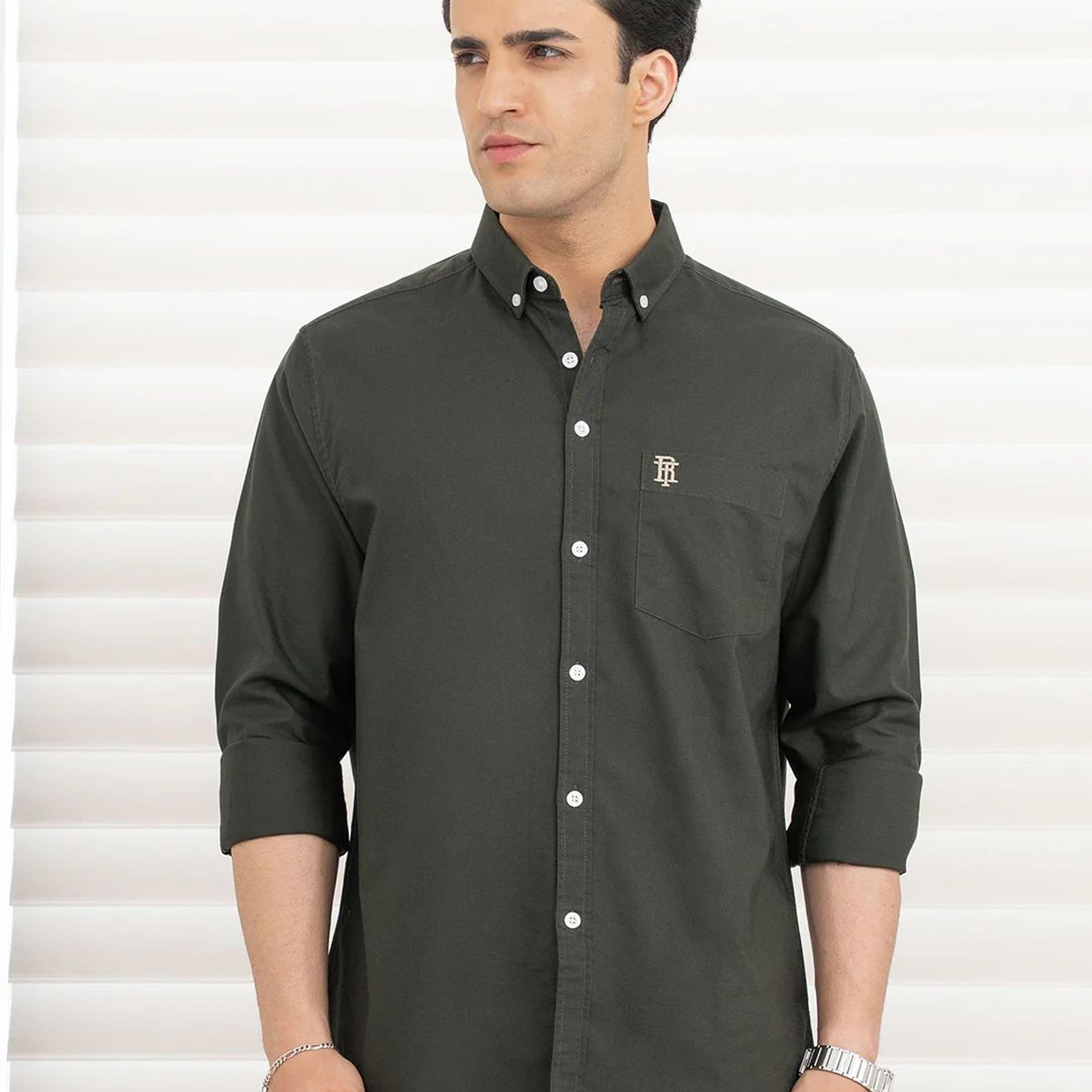 Shirts for Men in Dark Olive | Cotton Oxford Full Sleeve Shirt