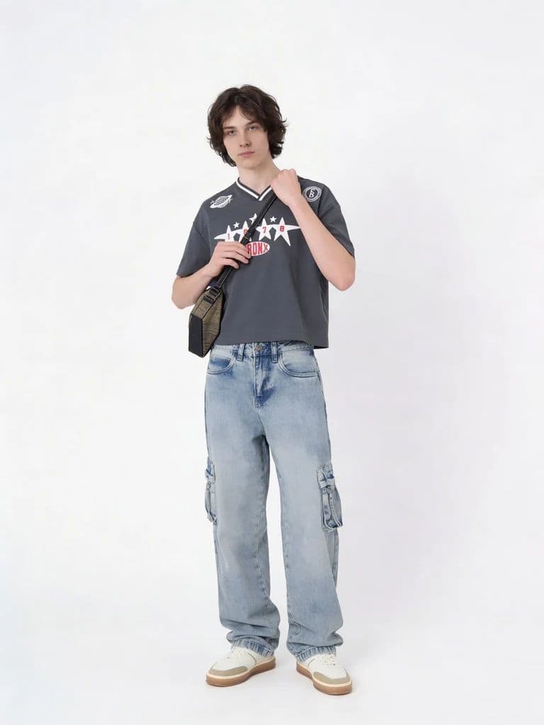 Y&F Kids Boys Light Blue Cargo Pocket Skater-Fit Jeans