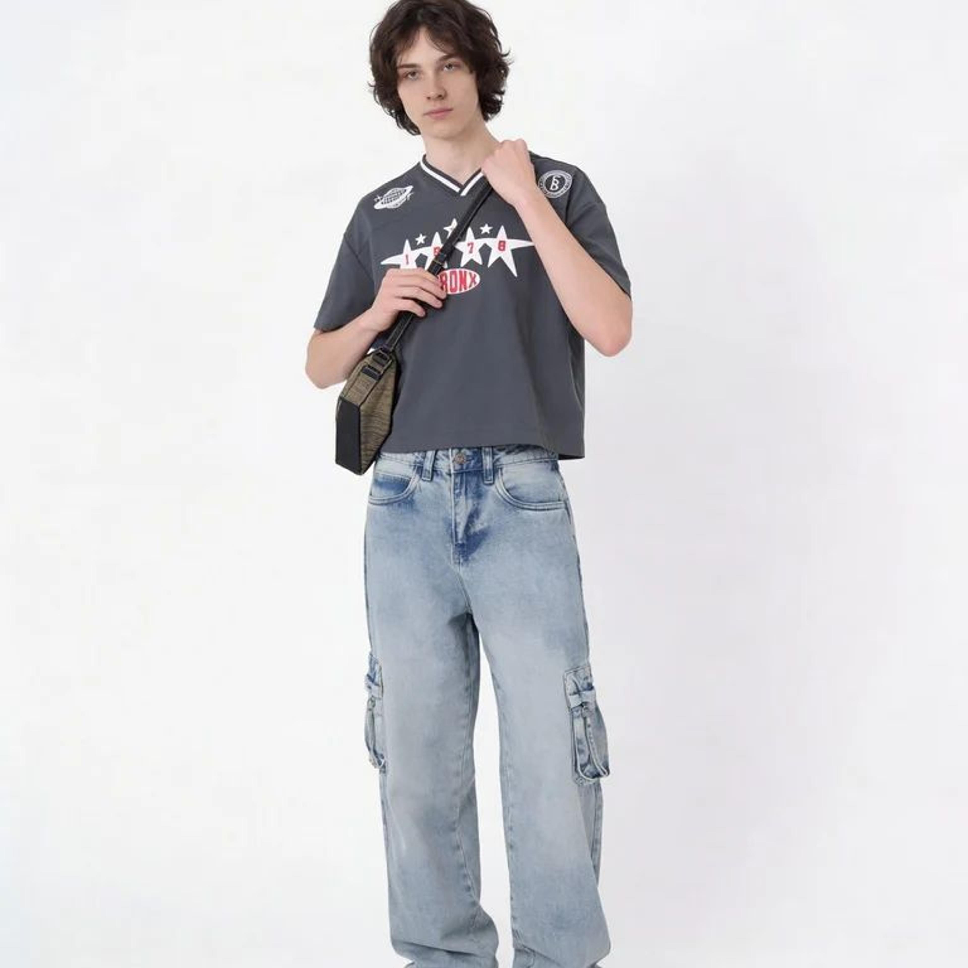 Y&F Kids Boys Light Blue Cargo Pocket Skater-Fit Jeans