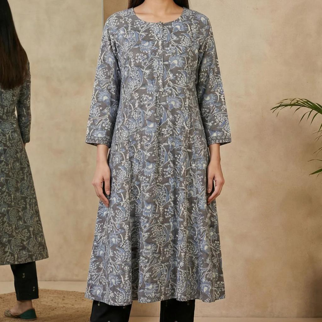 Grey Beadwork Block Printed Rayon Flared Kurta