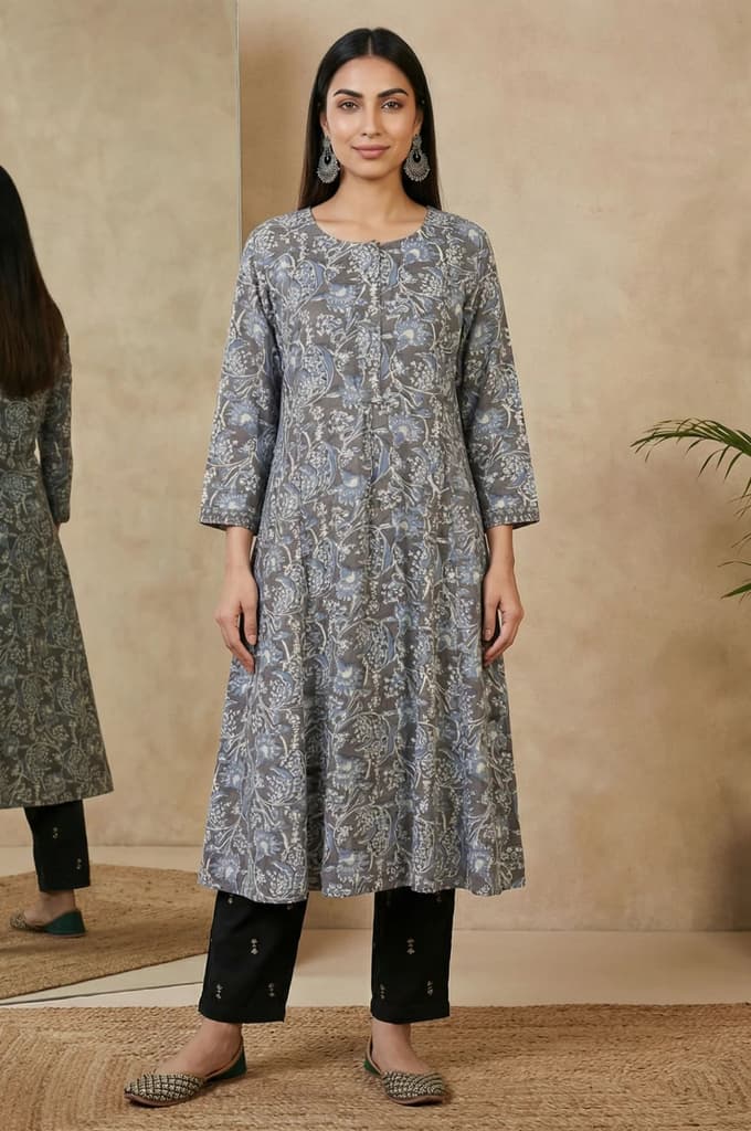 Grey Beadwork Block Printed Rayon Flared Kurta — XS