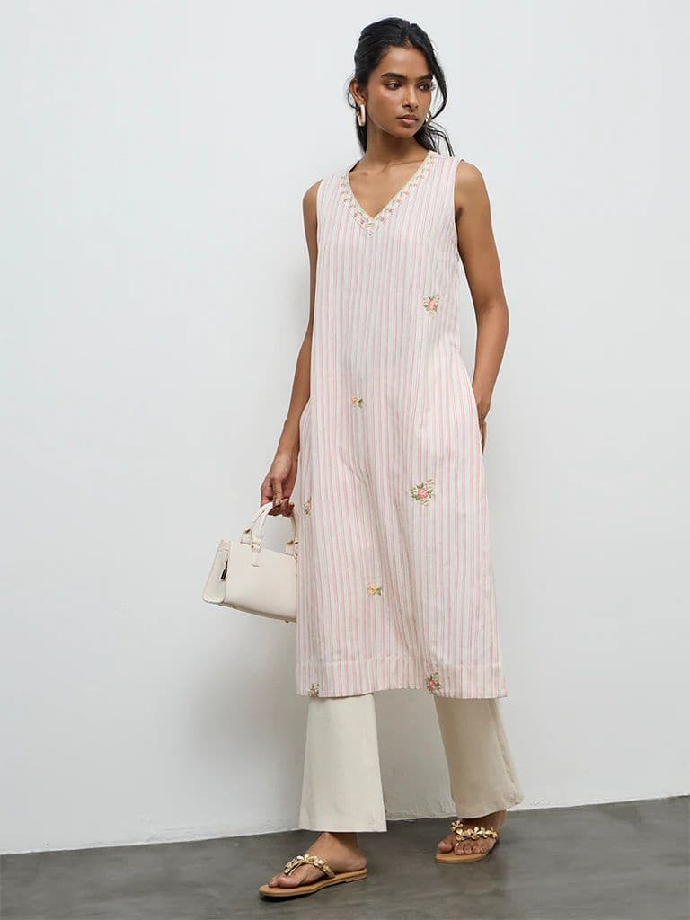 Utsa Light Pink Striped A-Line Cotton-Blend Kurta — photo 2