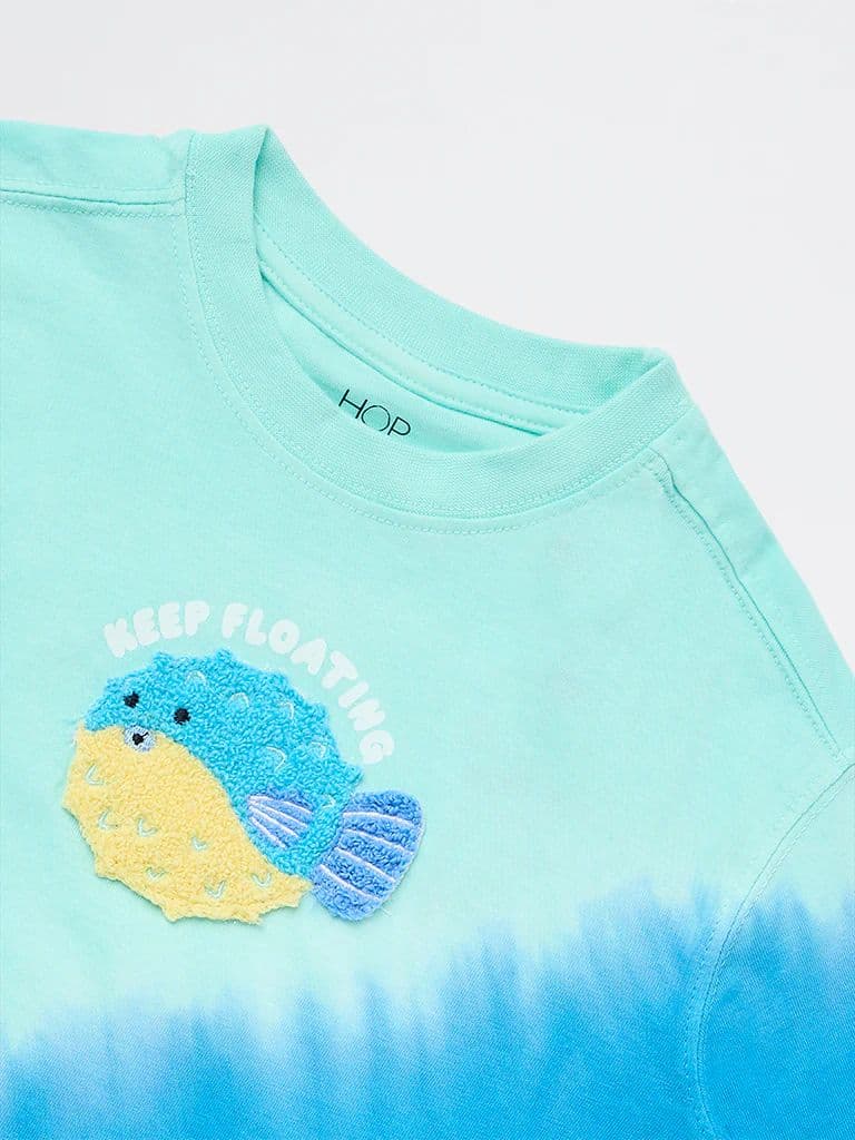 HOP Kids Boys Blue Tie-Dye Printed Cotton T-Shirt — photo 5