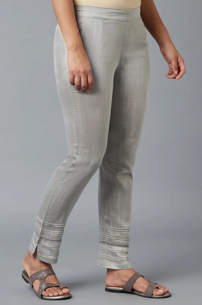Grey Solid Straight Fit Trousers With Elasticated Waistband — photo 4