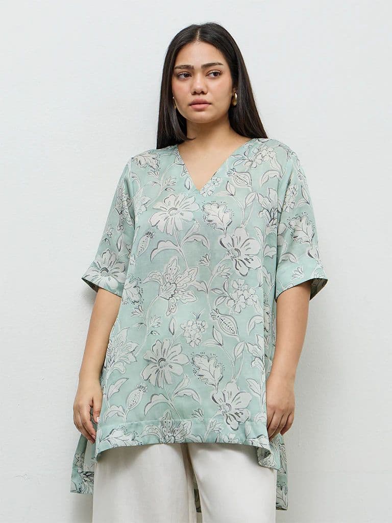 Diza Mint Floral Printed High-Low Tunic