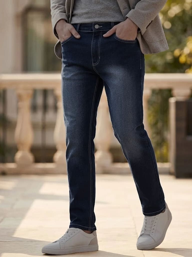Men's Dark Blue Straight Fit Washed Jeans Stretchable — 28 / Dark Blue
