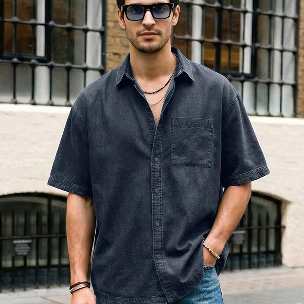 Men's Dark Blue Oversized Fit Half Sleeve Solid Casual Denim Shirt