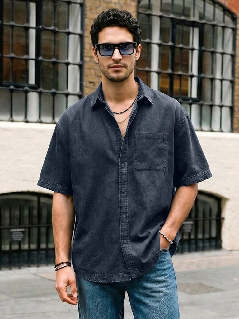 Men's Dark Blue Oversized Fit Half Sleeve Solid Casual Denim Shirt — S / Dark Blue
