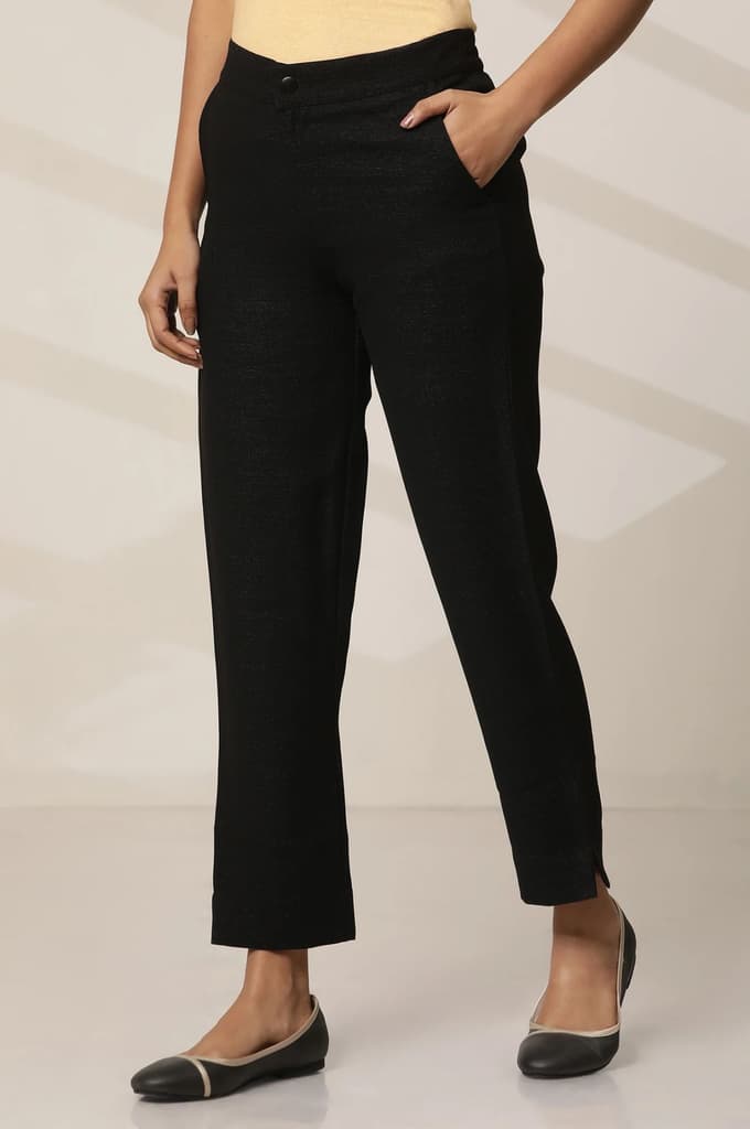 Black Solid Slim Fit Woven Pants With Elasticated Waist — photo 3